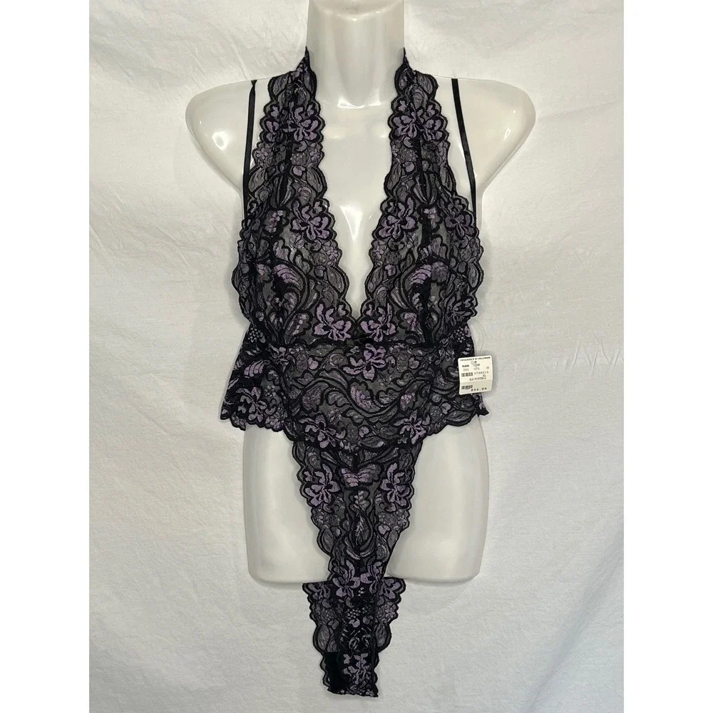 NWT Fredericks of Hollywood Halter Neck Lace Bodysuit XL Black Purple Lingerie